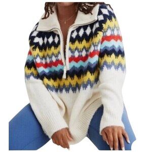 Fair Isle 1/4 Zip chunky Knit Sweater Ribbed Collar Nordic Pattern Womens XS
